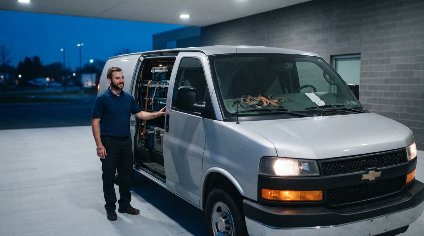 A single clean silver Chevrolet-style cargo van at a lit medical-courier loading dock in early blue-hour light, photographed