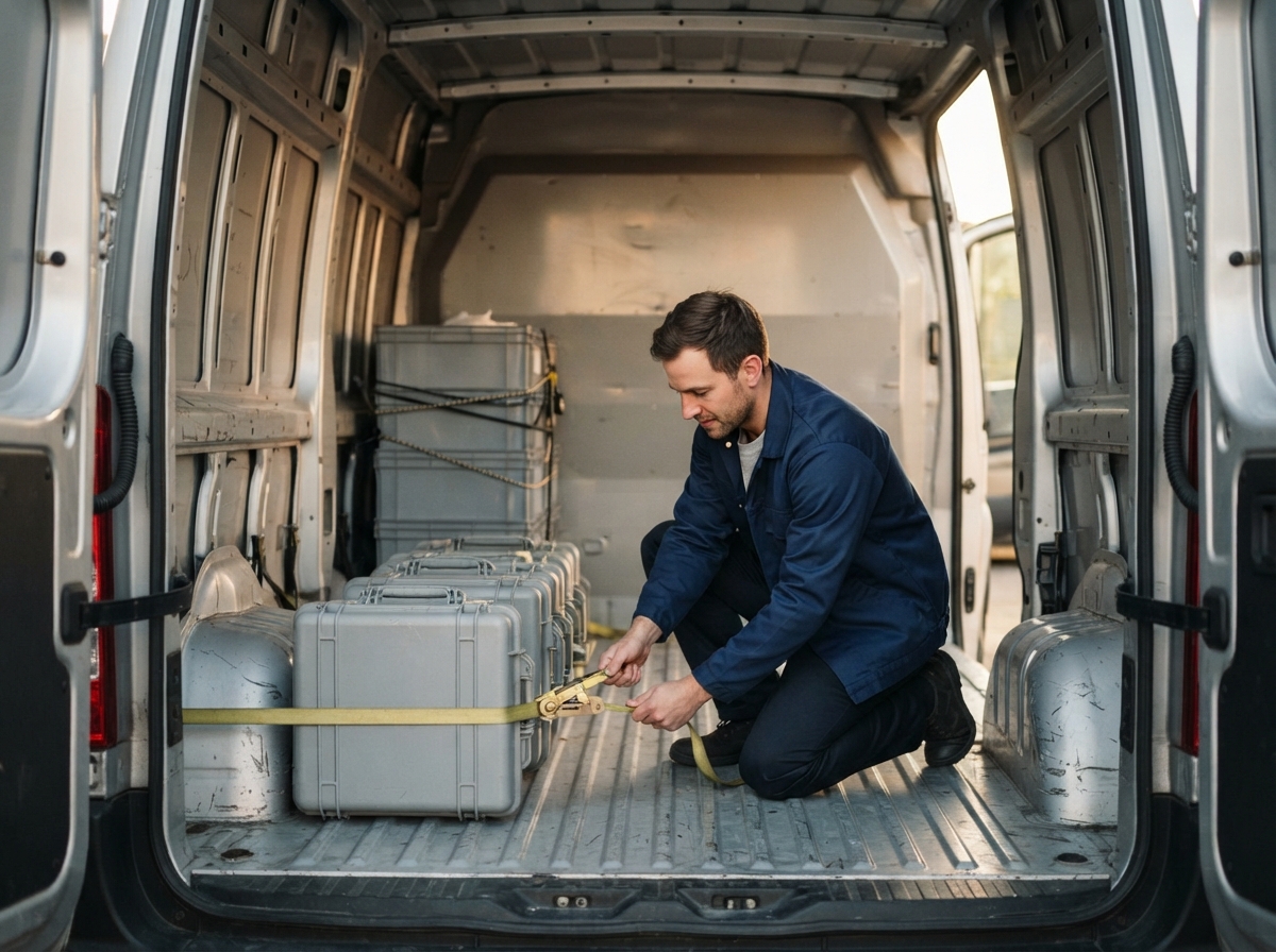 Interior of the cargo bay of a silver cargo van, photographed from directly behind through the open rear doors, looking