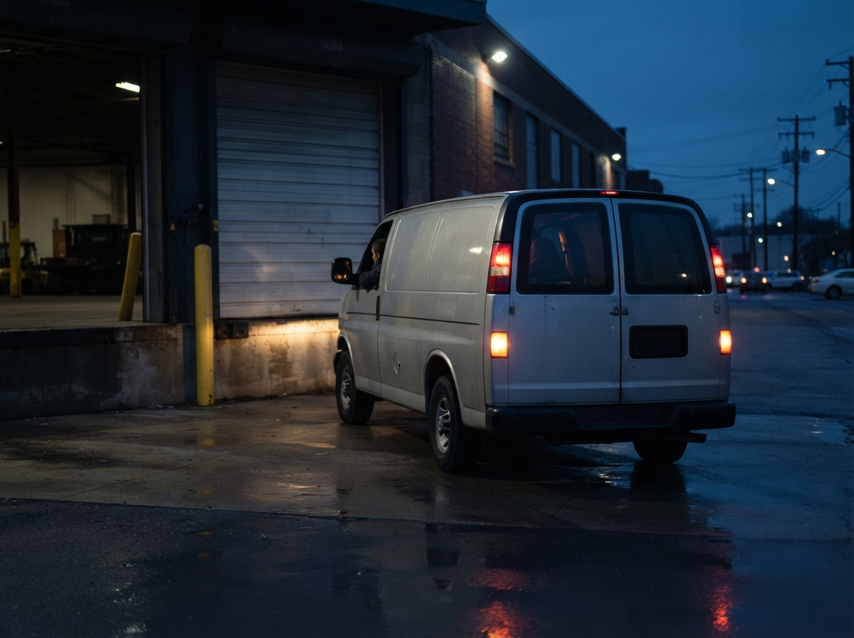 The same silver cargo van pulling away from the loading dock at blue hour, photographed from behind and slightly to one side