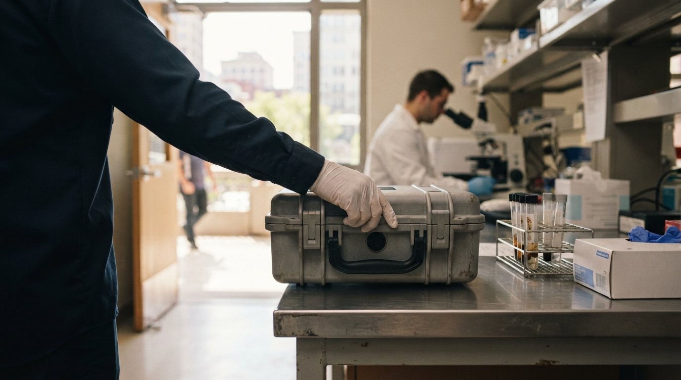 A sealed transport case set down on a laboratory counter just inside an open doorway, daylight flooding in behind it