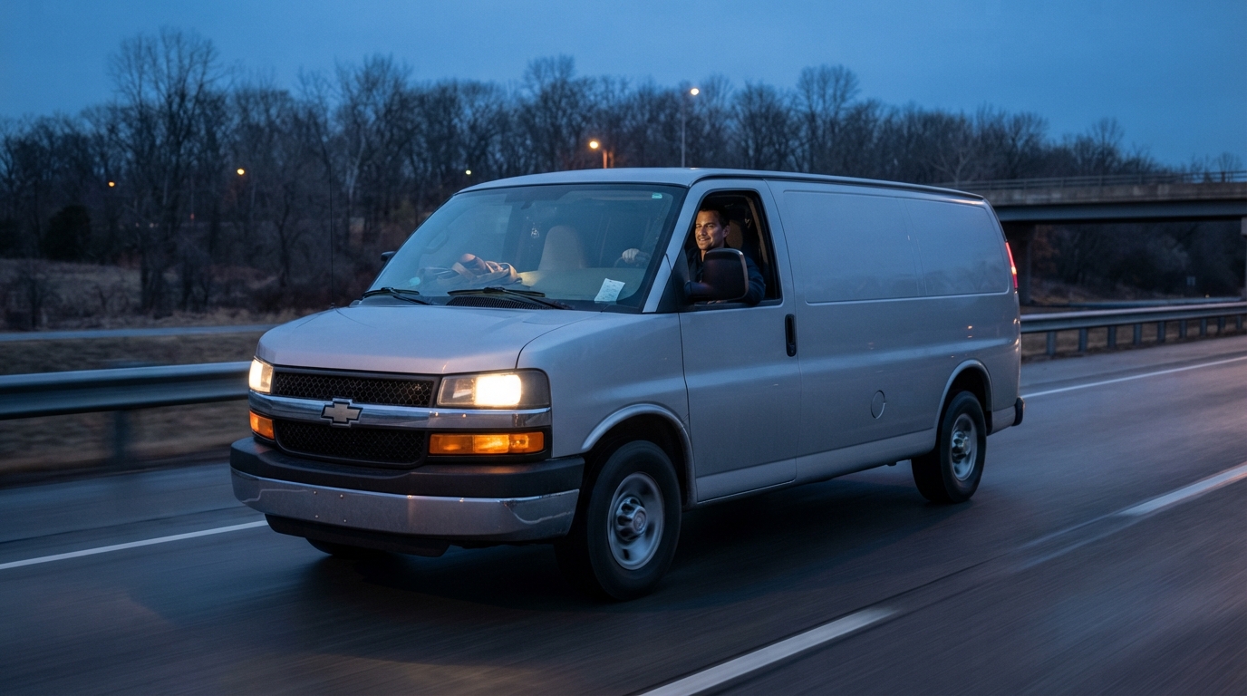 A silver low-roof full-size American cargo van of the same Chevrolet Express body style used everywhere else in this set